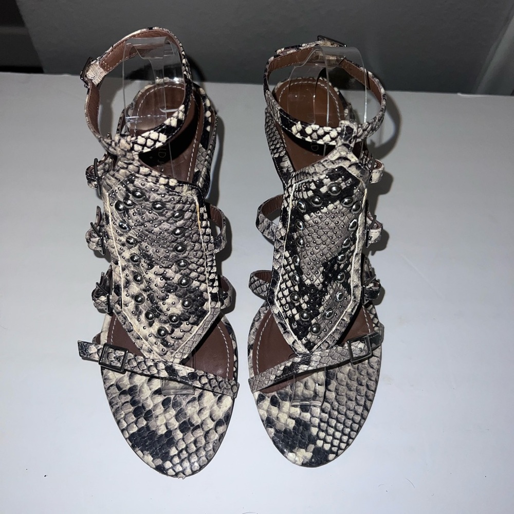 Donald J Pliner Tenasp Leather Snakeskin Strappy Heels - Picture 3 of 12